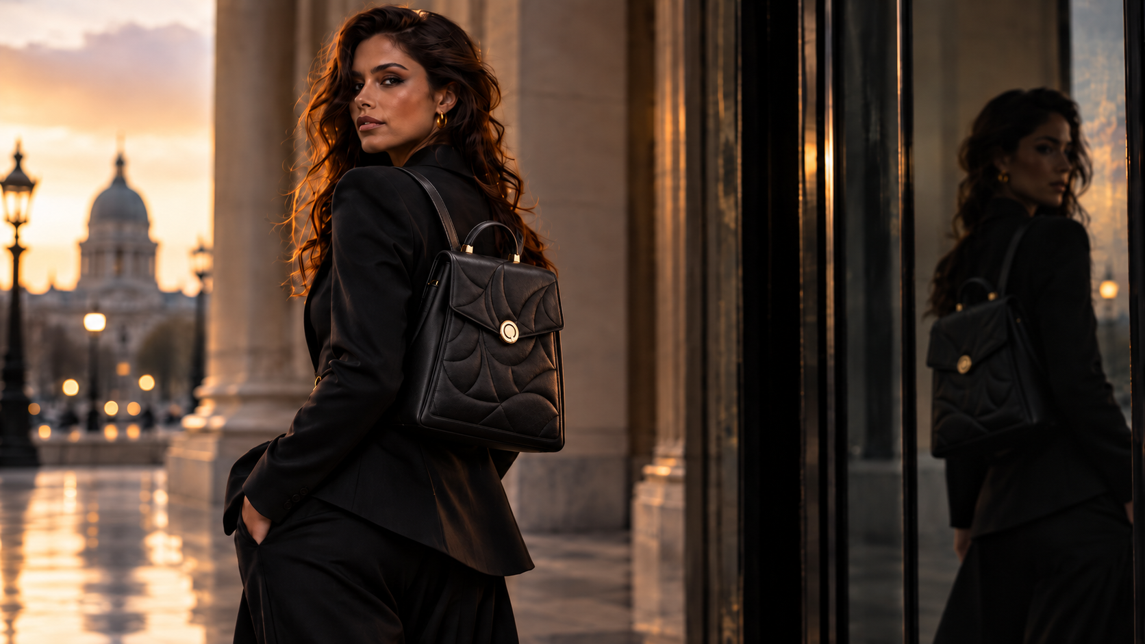 QueenQong campaign: a model in black tailoring with the Q bag outside a grand building at dusk, her reflection in dark glass.
