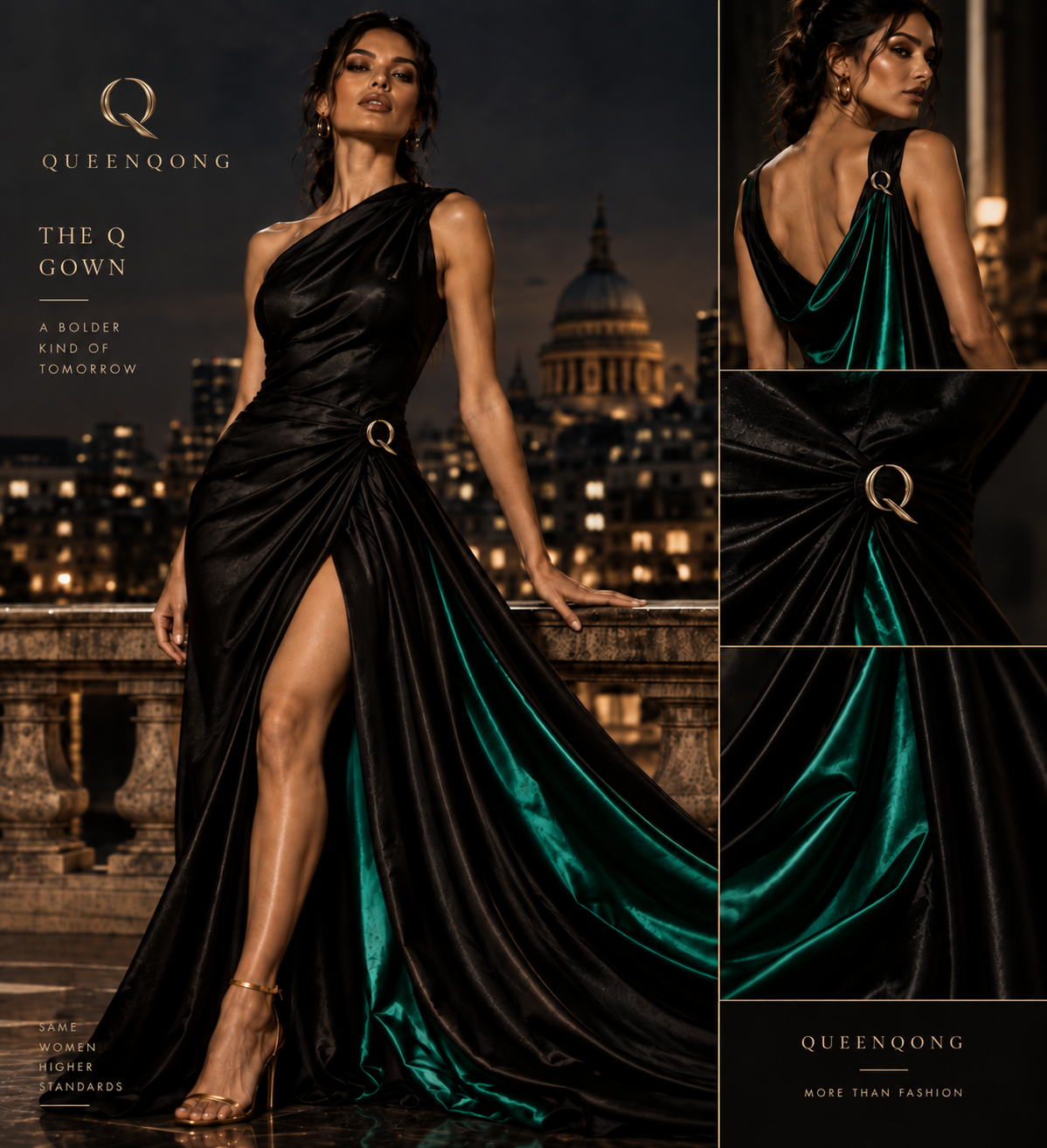 The QueenQong Q Gown concept in black evening drape with emerald reveal and gold Q jewellery