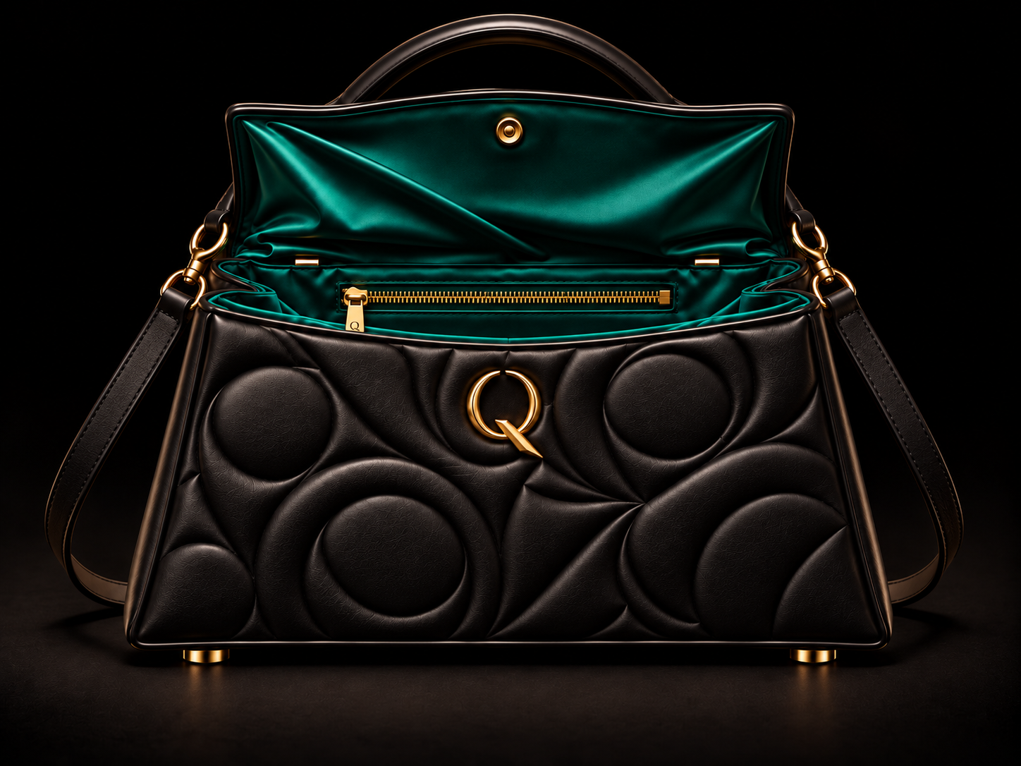 The QueenQong Q handbag concept in sculpted black leather with emerald silk lining, gold Q clasp and gold hardware